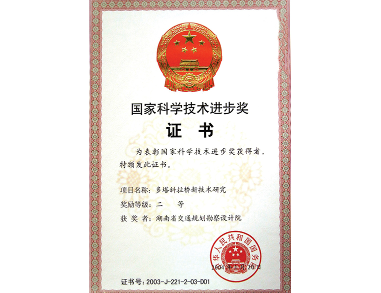 國(guó)家科學(xué)技術(shù)進(jìn)步獎(jiǎng) 二等獎(jiǎng)多塔斜拉橋新技術(shù)研究